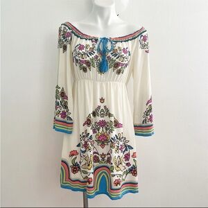 Flying Tomato off the shoulders Floral Hippie Bohemian Dress LARGE Multicolor